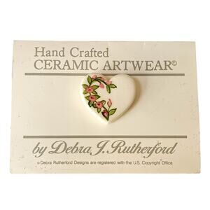 Vintage Debra J Rutherford Ceramic Heart Pin Hand Painted Pink Roses